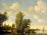 Scene Canvas Paintings - River Scene with Ferry